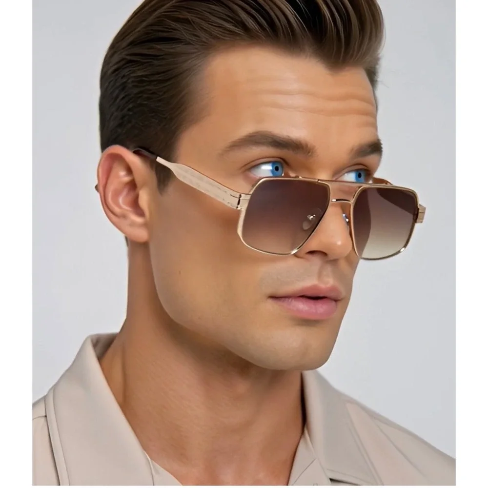 Mens Square Aviator Sunglasses Gold Metal Frame Brown  Lens Double Bridge Hiphop